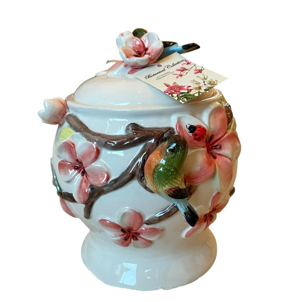 Botanical Collection by Corner Ruby 3D Floral Hummingbird Ceramic Canister NEW